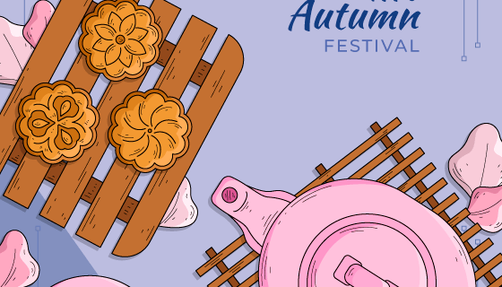 手绘月饼茶壶中秋节矢量素材(AI/EPS)