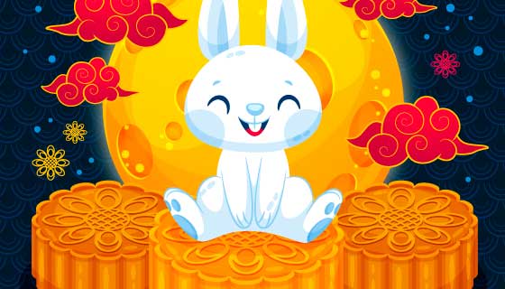 坐在月饼上的兔子中秋节矢量素材(AI/EPS)