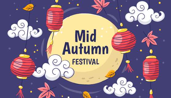 手绘风格月亮灯笼中秋节矢量素材(AI/EPS)