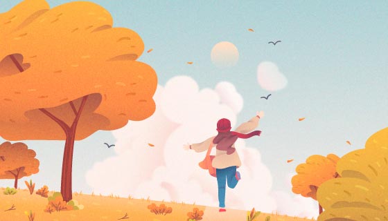 秋天里奔跑的孩子矢量素材(AI/EPS)