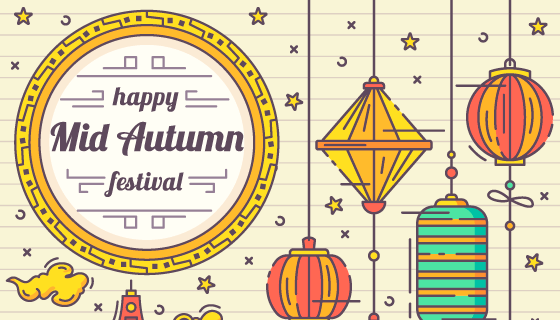 手绘风格的灯笼亭子中秋节矢量素材(AI/EPS)