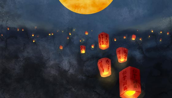 满天的孔明灯设计中秋节矢量素材(AI/EPS)