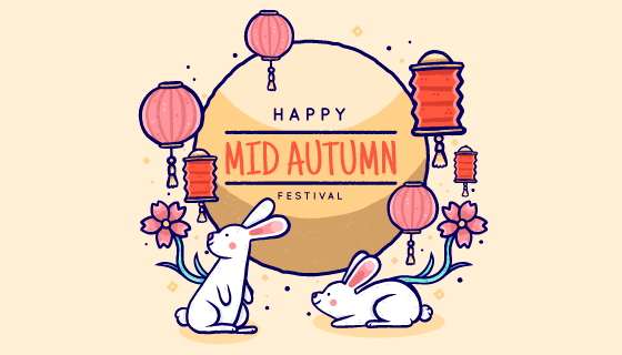 手绘风格月亮兔子灯笼中秋节矢量素材(AI/EPS)