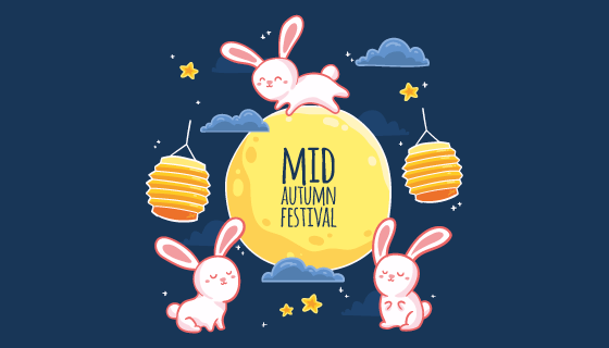 手绘风格可爱的兔子和月亮中秋节矢量素材(AI/EPS)