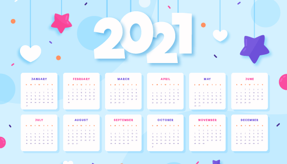 星星爱心吊坠2021年日历矢量素材(AI/EPS)