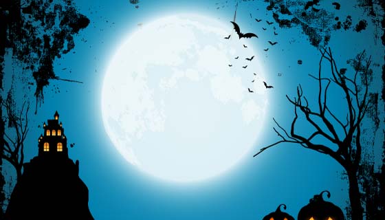 月亮蝙蝠鬼屋设计万圣节背景矢量素材(EPS)