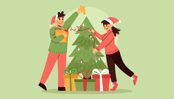 正在装饰圣诞树的人们矢量素材(AI/EPS)