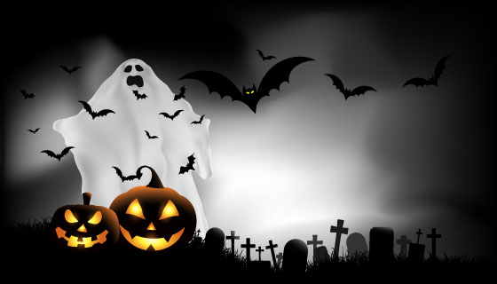 墓地幽灵蝙蝠设计万圣节背景矢量素材(EPS)