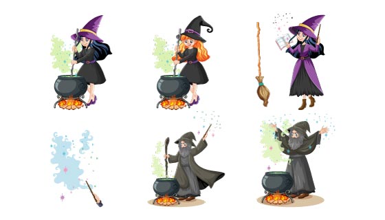 炼制毒药的巫师和女巫矢量素材(EPS/PNG)