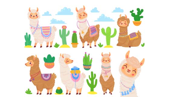可爱的羊驼和仙人掌矢量素材(EPS/PNG)