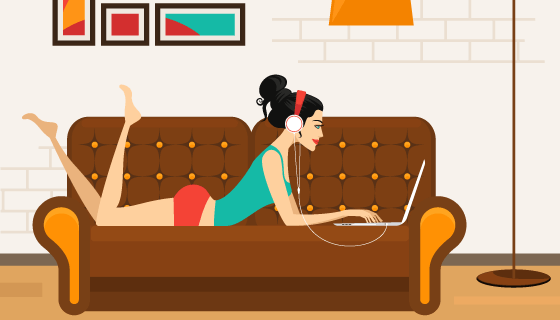 年轻的女子在沙发上看电脑听音乐矢量素材(EPS)
