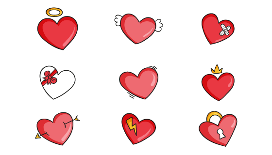 9个手绘风格的可爱爱心矢量素材(AI/EPS/PNG)