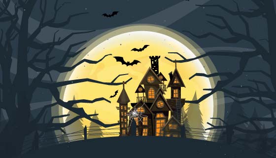 月亮下的鬼屋设计万圣节背景矢量素材(EPS)