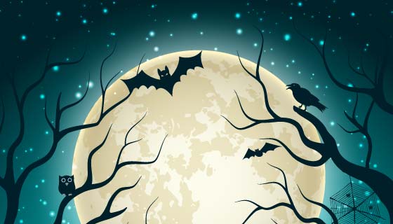 月亮蝙蝠墓地设计万圣节背景矢量素材(EPS)
