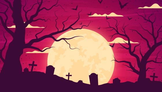 月亮下的墓地设计万圣节背景矢量素材(AI/EPS)
