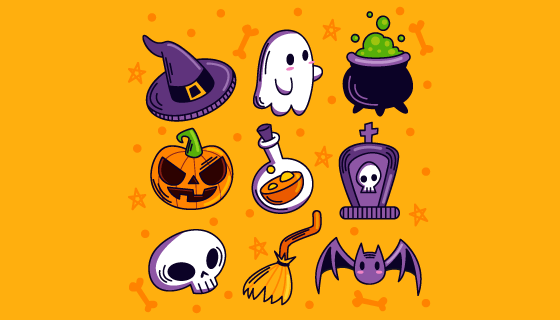 九个手绘风格万圣节元素矢量素材(AI/EPS/PNG)