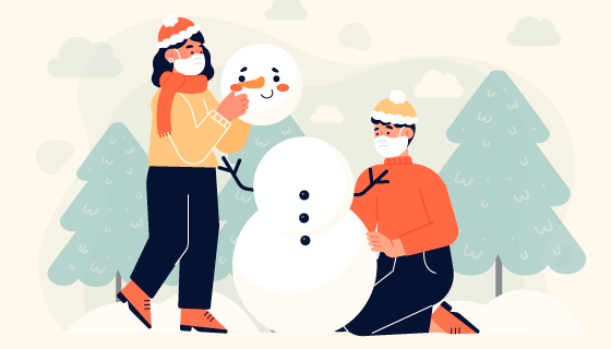 带着口罩堆雪人的人们矢量素材(AI/EPS)