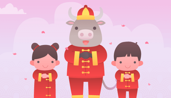 牛爷爷带着孩子拜年春节快乐矢量素材(AI/EPS)