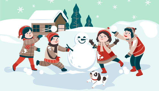 孩子们在雪地里打雪仗矢量素材(AI/EPS)