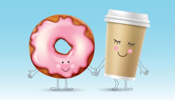 笑着脸牵手的甜甜圈和咖啡杯矢量素材(EPS)