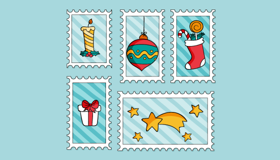 五张手绘风格的圣诞邮票矢量素材(AI/EPS/PNG)