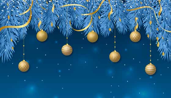 蓝色树枝金色圣诞球圣诞节背景矢量素材(AI/EPS)