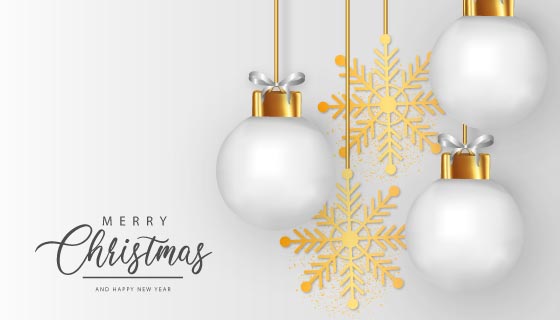 白色圣诞球和金色雪花设计圣诞节背景矢量素材(EPS)