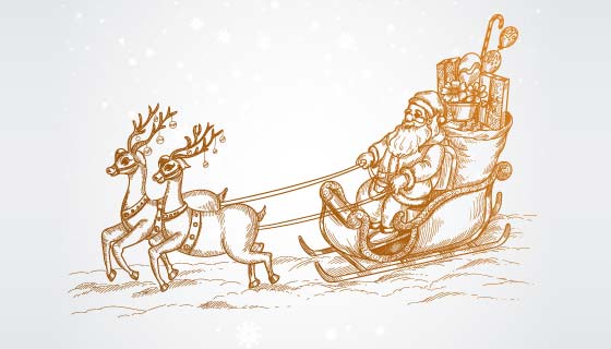 圣诞驯鹿拉着圣诞老人素描矢量素材(EPS)
