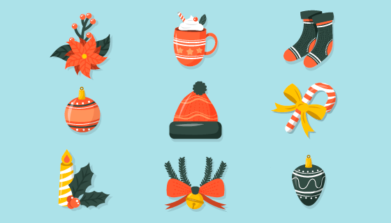 九个扁平风格的圣诞元素矢量素材(AI/EPS/PNG)