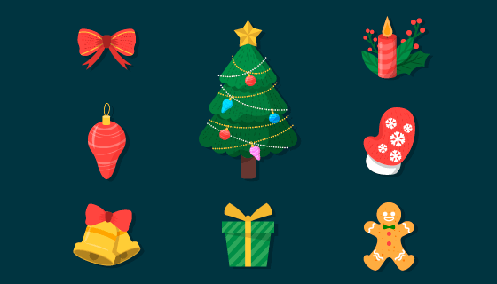 九个扁平风格的圣诞元素矢量素材(AI/EPS/PNG)