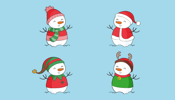 四个手绘的可爱雪人矢量素材(AI/EPS/PNG)
