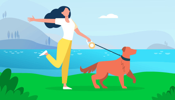 遛狗的女子插画矢量素材(EPS)