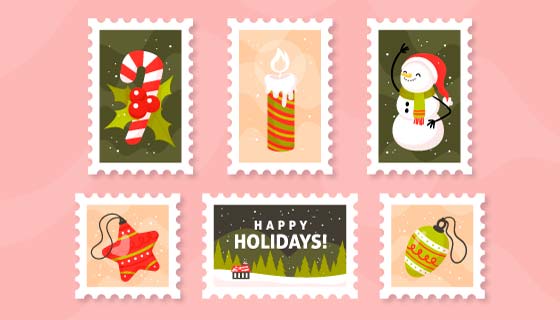 五张手绘风格的圣诞邮票矢量素材(AI/EPS/PNG)