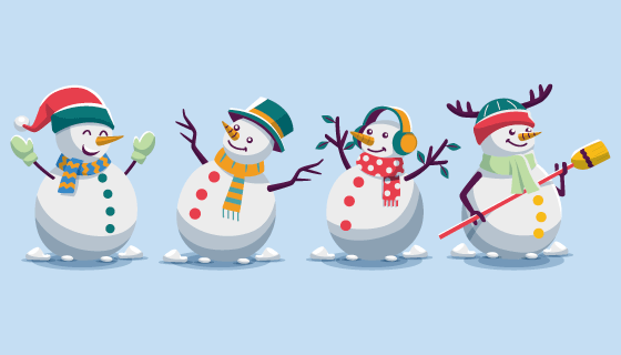 四个扁平风格的可爱雪人矢量素材(AI/EPS/PNG)