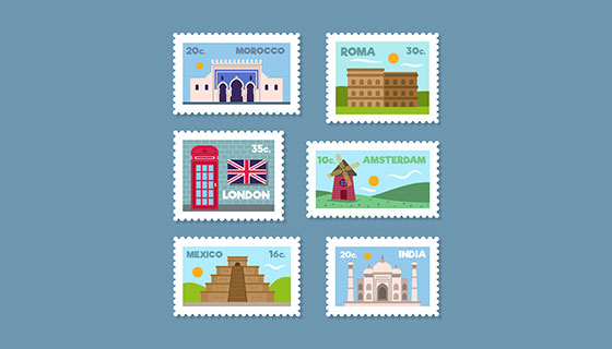 城市建筑邮票矢量素材(EPS/AI)