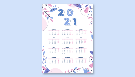 手绘叶子设计2021年日历矢量素材(AI/EPS)