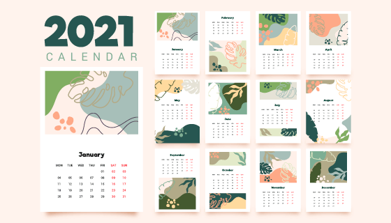 手绘抽象叶子设计2021年日历矢量素材(AI/EPS)