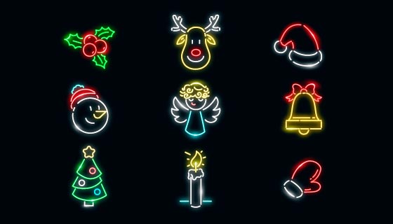 九个霓虹灯圣诞元素矢量素材(AI/EPS/PNG)