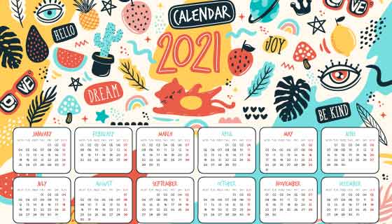 手绘可爱元素设计2021年日历矢量素材(AI/EPS)