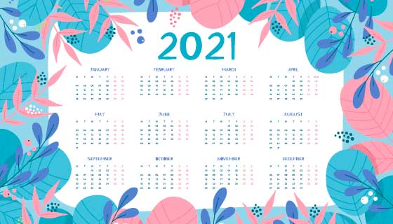 手绘多彩叶子设计2021年日历矢量素材(AI/EPS)