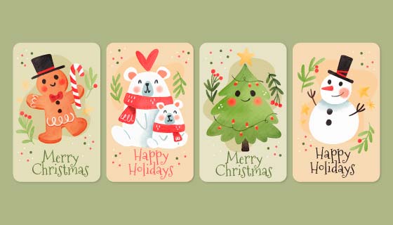四张水彩风格的圣诞节贺卡矢量素材(AI/EPS)