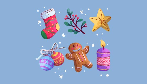 六个水彩风格的圣诞元素矢量素材(AI/EPS/PNG)