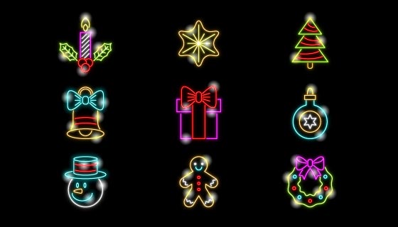 九个霓虹灯风格圣诞元素矢量素材(AI/EPS)