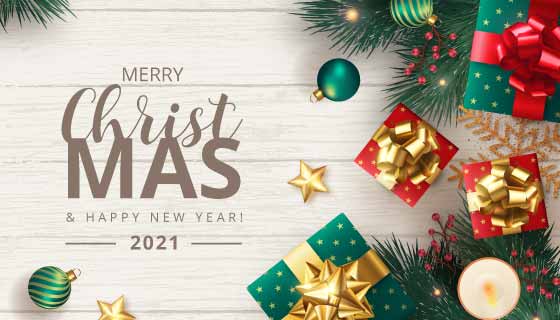 逼真的礼物和装饰设计圣诞快乐背景矢量素材(EPS)