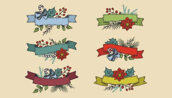六个手绘风格圣诞彩带矢量素材(AI/EPS/PNG)