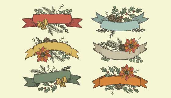 六个手绘风格的圣诞彩带矢量素材(AI/EPS/PNG)