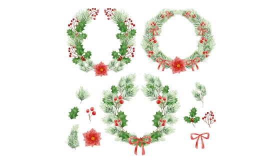 水彩风格圣诞花环集合矢量素材(AI/EPS/PNG)