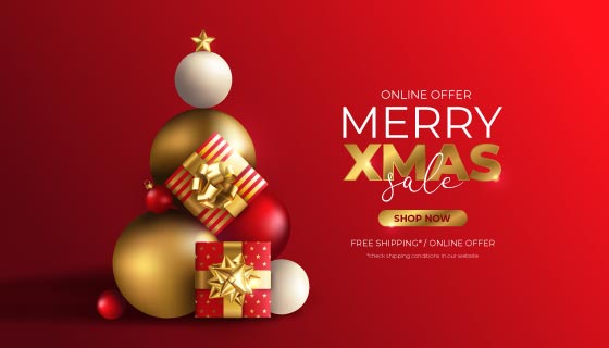 圣诞球和圣诞礼物设计的圣诞促销背景矢量素材(EPS)