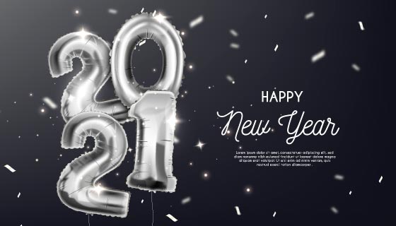 银色数字气球设计2021新年快乐矢量素材(AI/EPS)