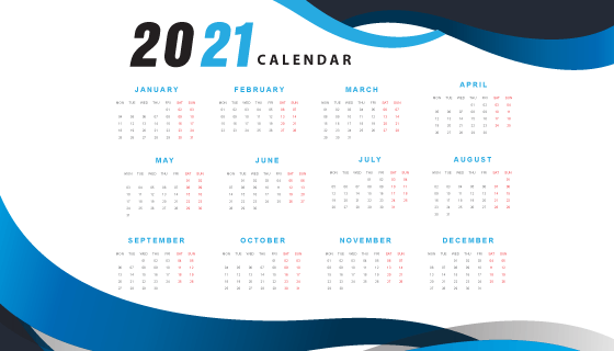 蓝色波浪设计2021年日历矢量素材(EPS)